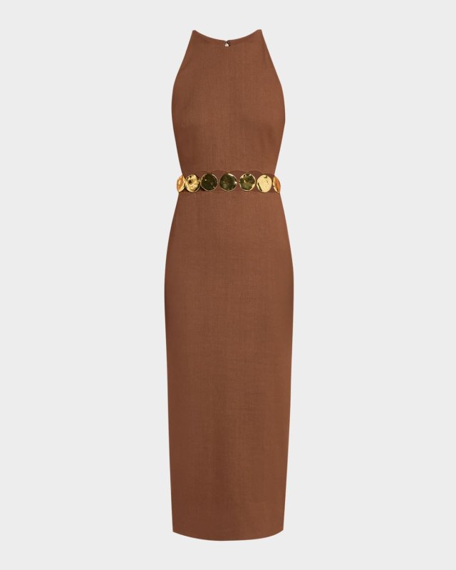 Isla Gold-Disc Linen Midi Dress